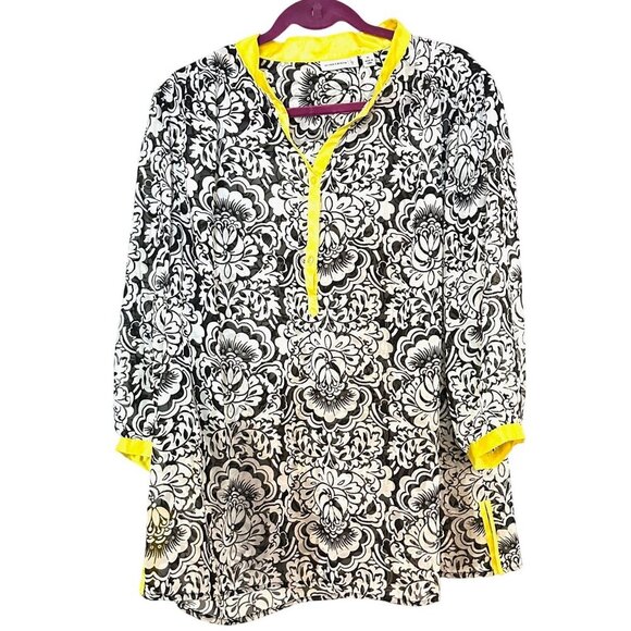 Susan Graver Womens Top Tunic Sheer Blouse Size XL Black White Yellow Print - Picture 1 of 3
